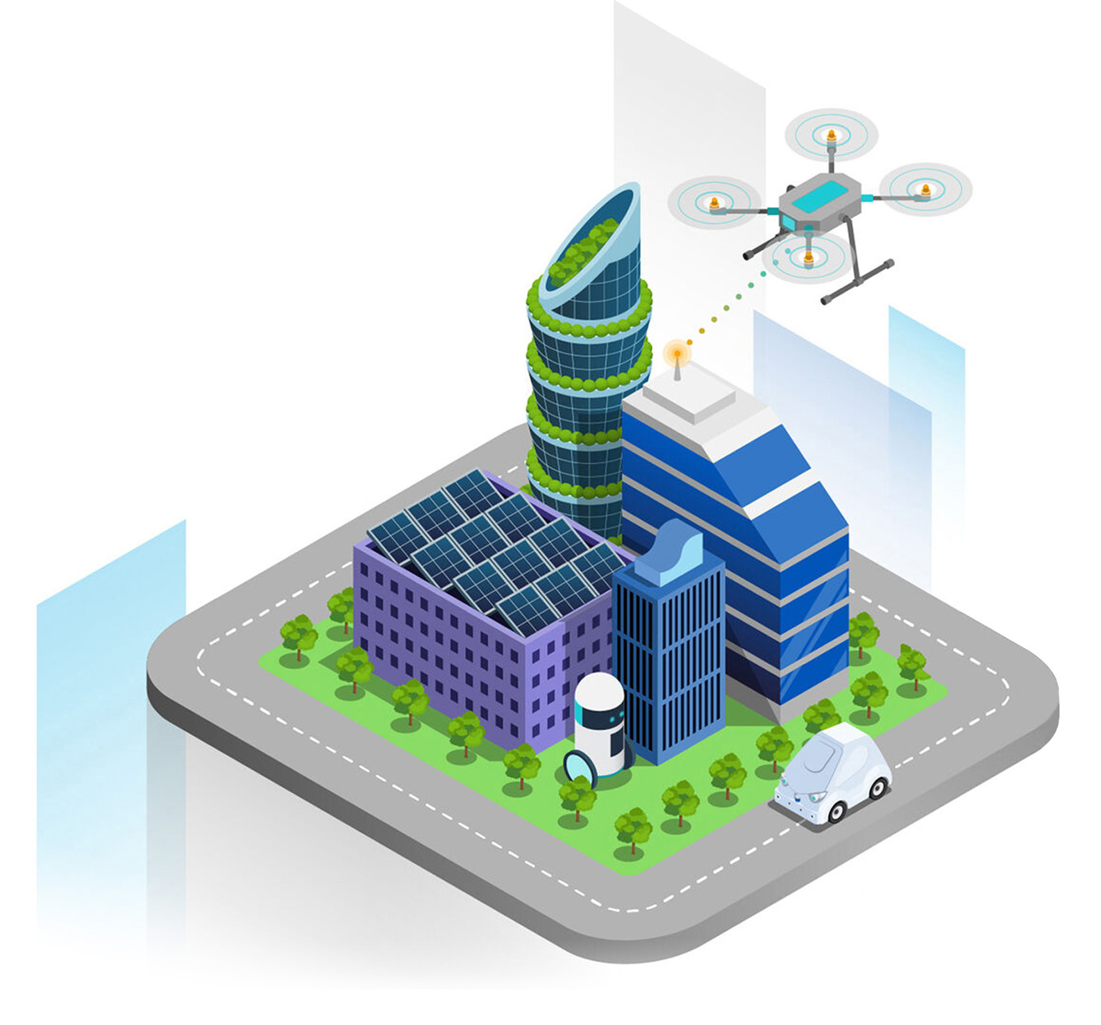 Illustration of solar panels, drones and other technologies at JTC for the innovation challenge