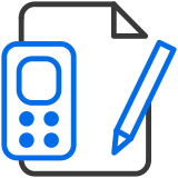 Icon of a calculator, paper and pen to represent accountancy