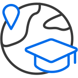 Icon of a globe, academic cap and location pin to represent student exchange programme