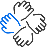 An icon of four hands holding each other to represent community involvement