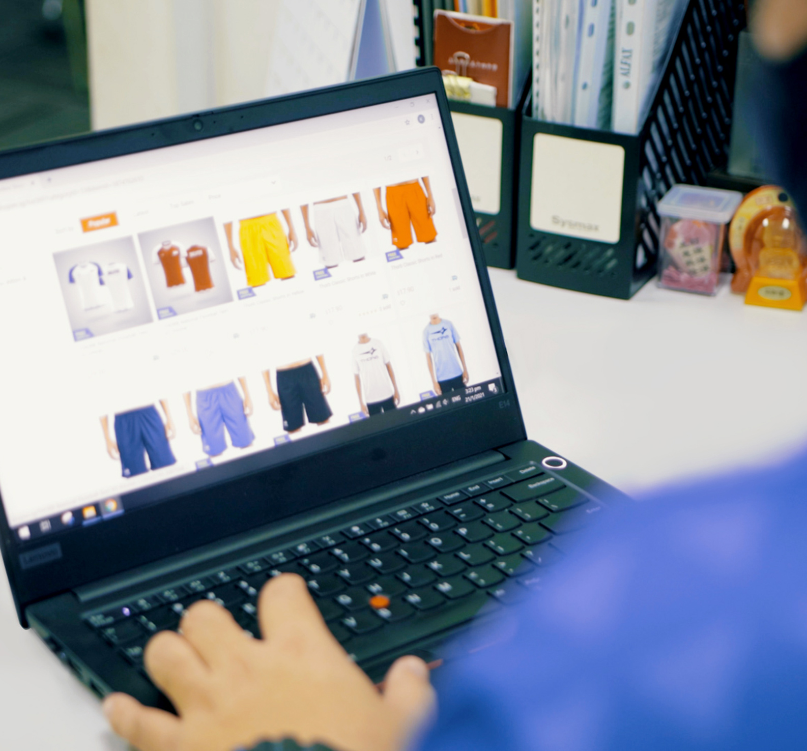Smart city resident in a mask shopping online using his laptop