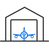 Icon of an aeroplane in a hangar representing aerospace services