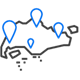 Icon of four location pins marking various areas in Singapore