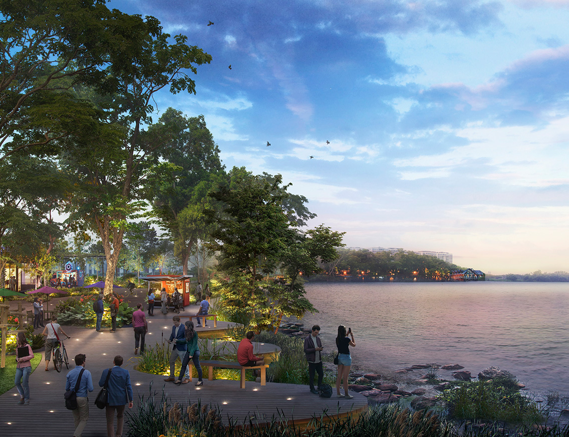 Artist's impression of a vibrant waterfront lifestyle venue filled with people and greenery