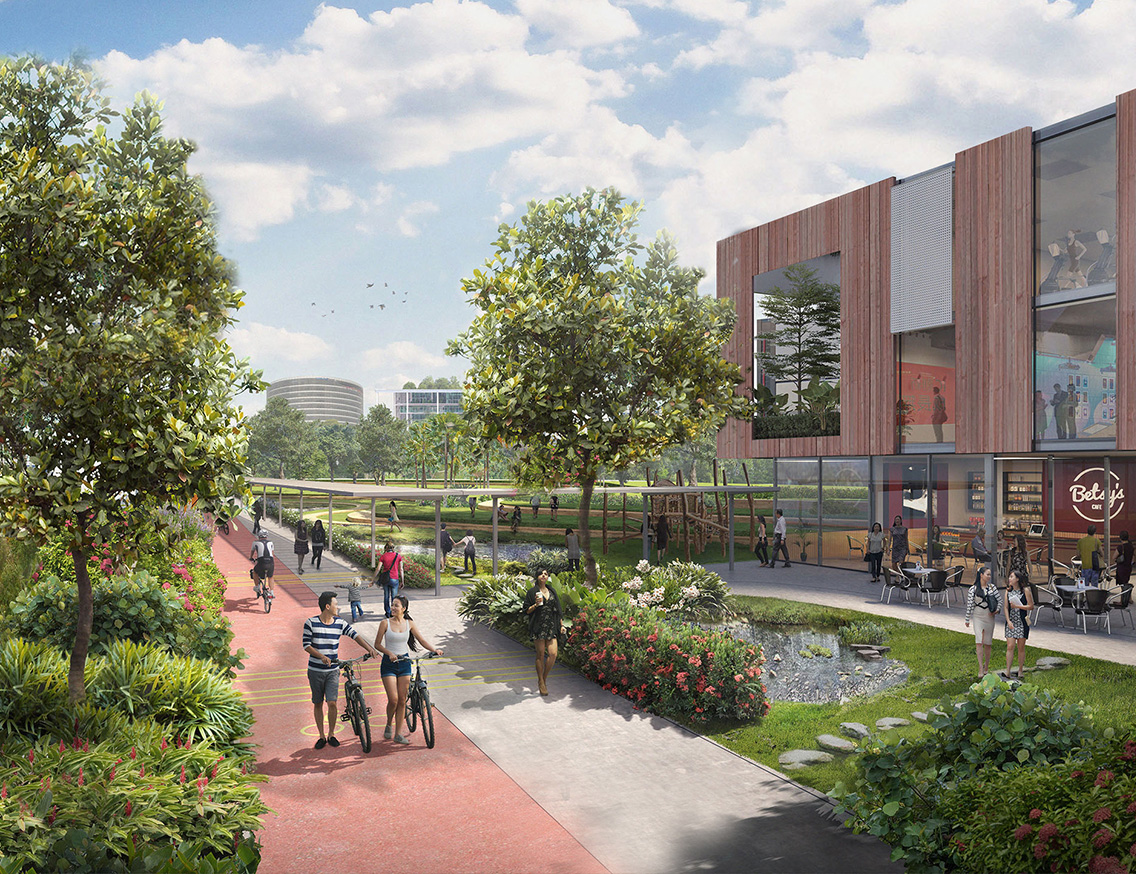 Artist's impression of a recreational estate with parks, greenery and cafes