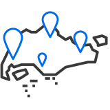Icon of four location pins marking various areas in Singapore representing the four Wafer Fab Parks