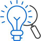 Icon of a light bulb and maginifying glass representing R&D