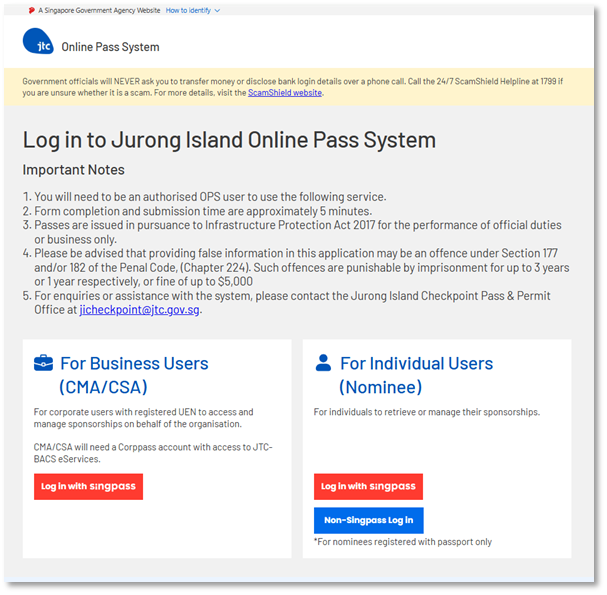 Jurong Island Online Pass System Login