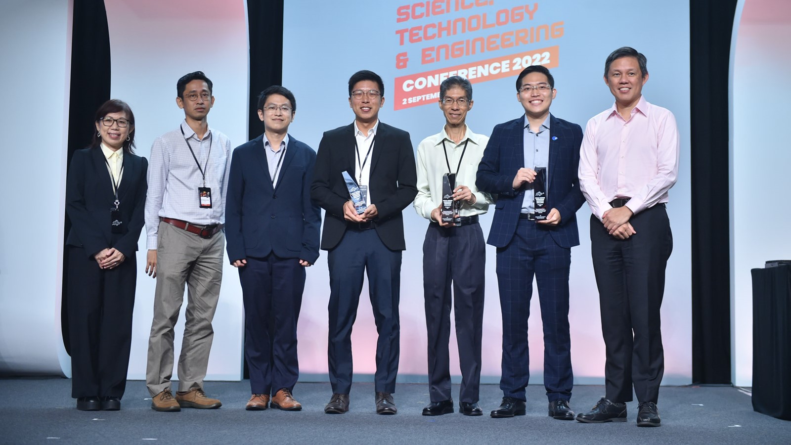 The project team, comprising members from TP, NEA, and JTC, receiving an award from Minister for Education Chan Chun Sing at STE Conference 2022. They were recognised for their collective efforts to study the feasibility of substituting sand in concrete with recycled plastic waste. Photo credit: Prime Minister's Office