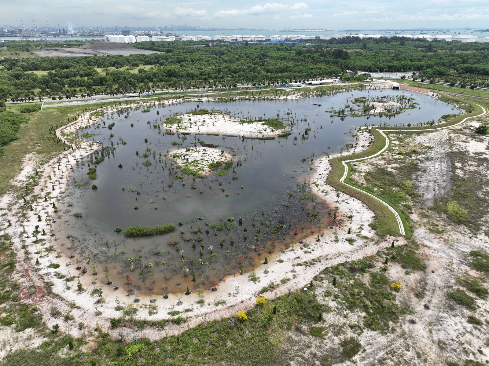 Aerial shot of the Jurong Island pond captures the design in its entirety
