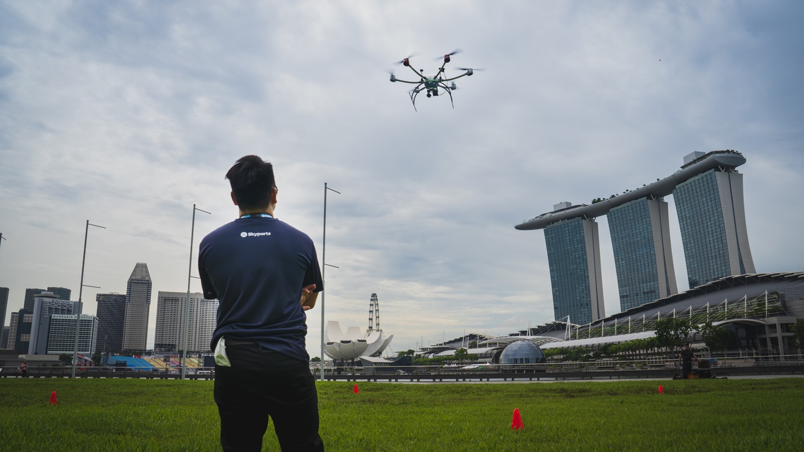 A Skyports employee operating a drone flight