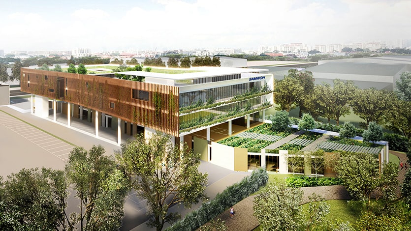 Samwoh smart hub building Samwoh Smart Hub will be the first positive energy industrial building in Singapore