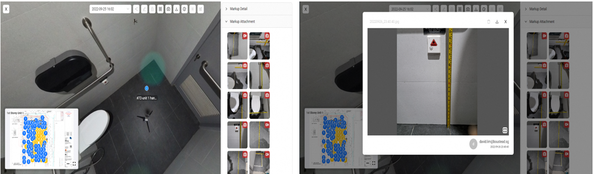The 360-degree photo platform is used for the second virtual TOP inspection at JTC’s semiconSpace. The photo attached to the platform (top left) captures a complete view of the restroom in all directions, allowing virtual site walkthroughs to be done. Measurements and close up photos (eg top right showing height of the emergency call bell) can be prepared ahead of time and attached in the 360-degree platform. Used together, LiDAR scanning (point cloud data) and the 360-degree photo solution allow detailed and highly accurate inspections to be conducted. The new workflow allows inspectors and project team members to access the site virtually, saving time and manpower.