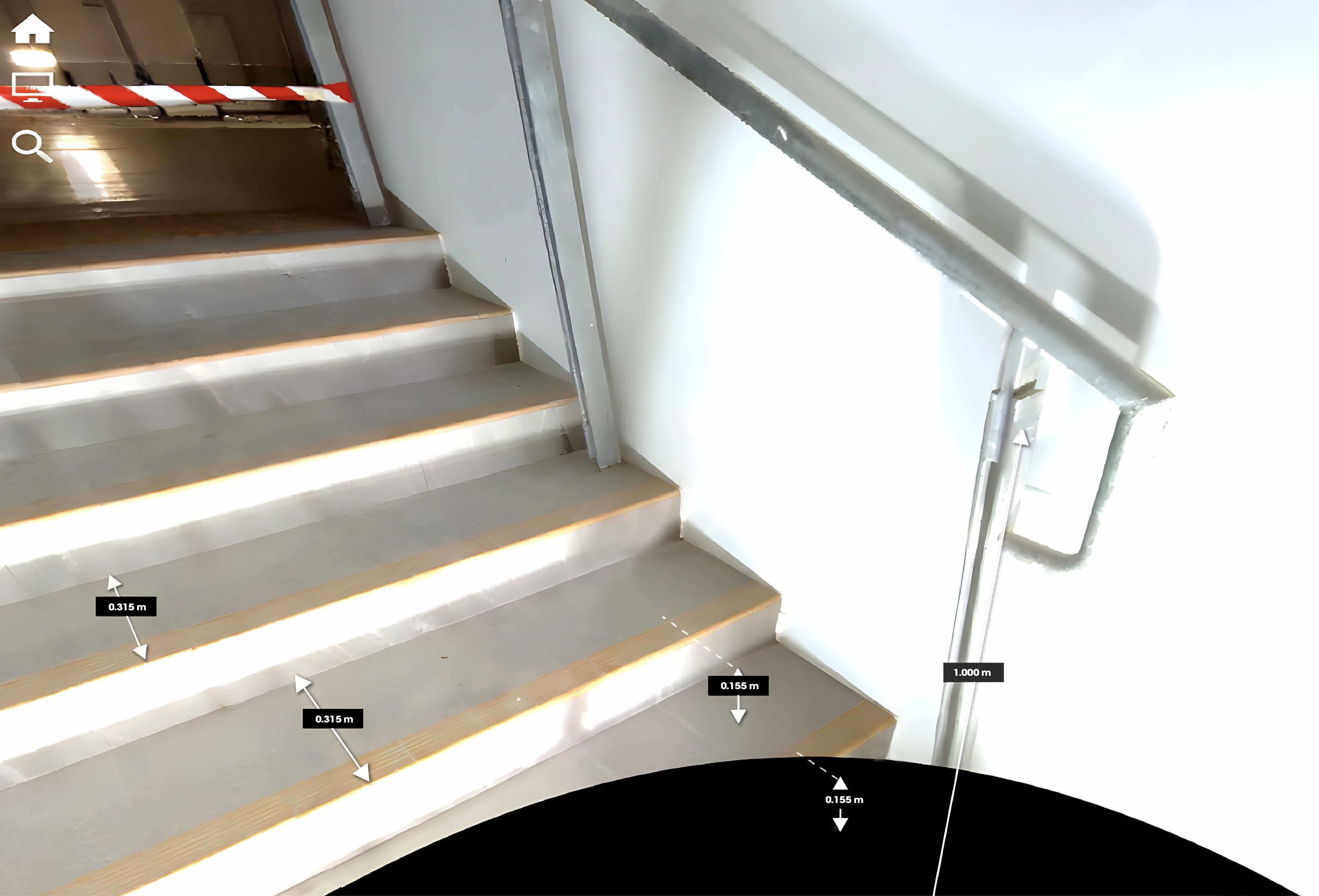 LiDAR scanning, a laser scanning technology, was utilised for the first virtual TOP inspection at JTC Logistics Hub @ Gul. LiDAR scanning produces highly accurate point cloud data – a collection of data points in a 3D coordinate system. In the photo (top), the width of the stair treads and height of the stair risers are measured from point cloud data. LiDAR scanning produces highly accurate data with deviations of less than 2 mm.