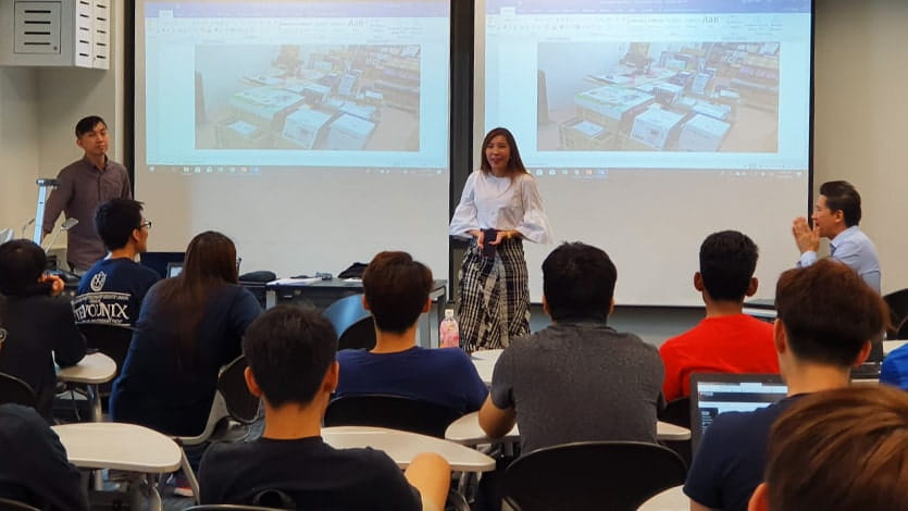 Presentation to Temasek Polytechnic students An SME delivers a presentation about their business with a room full of Temasek Polytechnic students