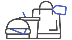 Burger, drink and plastic bag icon to represent F&B and shopping