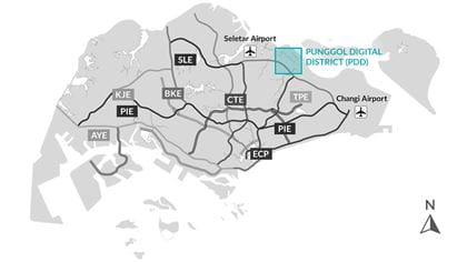 Location map for Punggol Digital District Map showing highways connecting Punggol Digital District (PDD) to all parts of Singapore