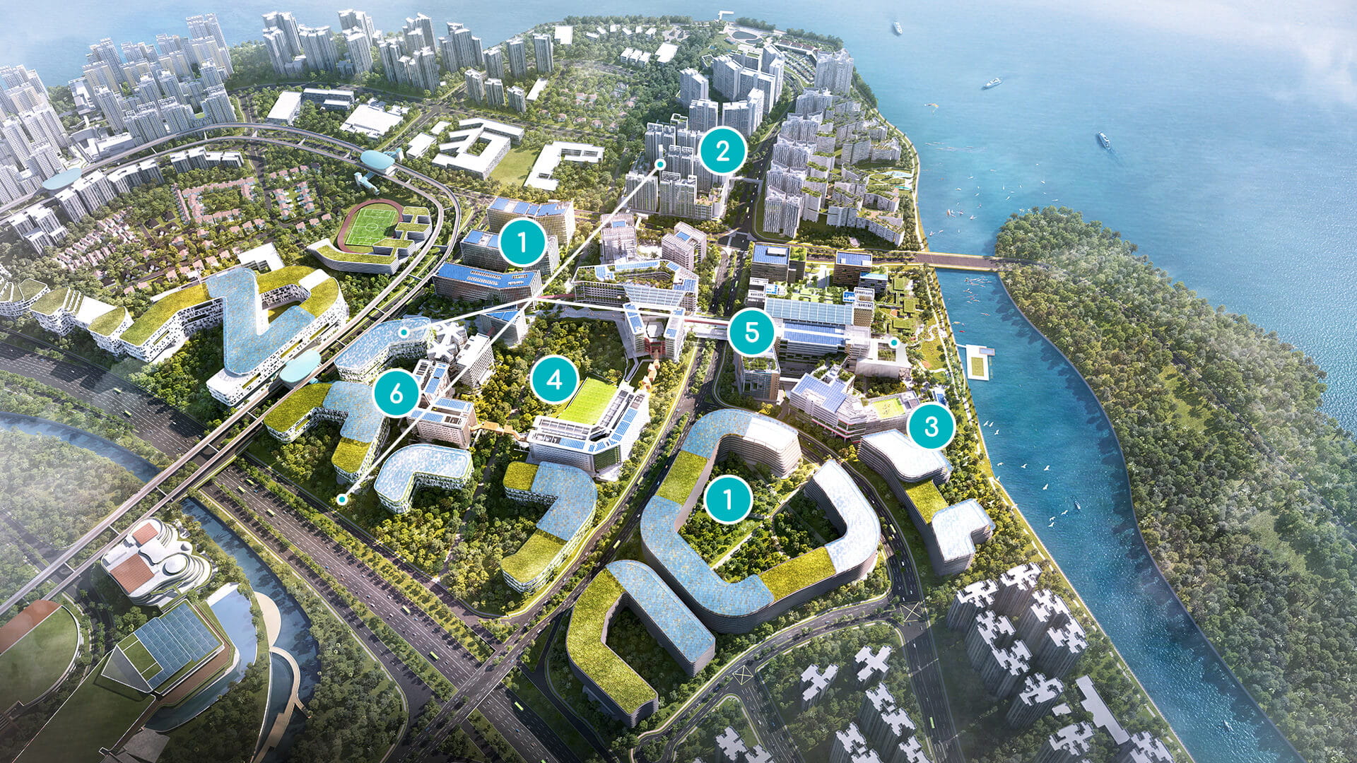 Artist’s impression of an aerial view of Punggol Digital District (PDD) depicting 6 areas